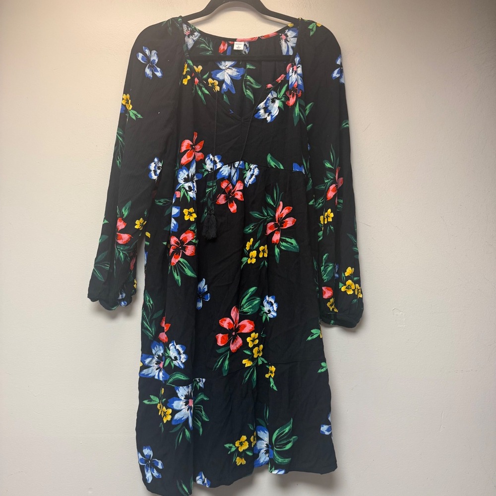 Old Navy Floralโ Mini Dress Women XL Black Multi Excellent Boho Tiered Tassel